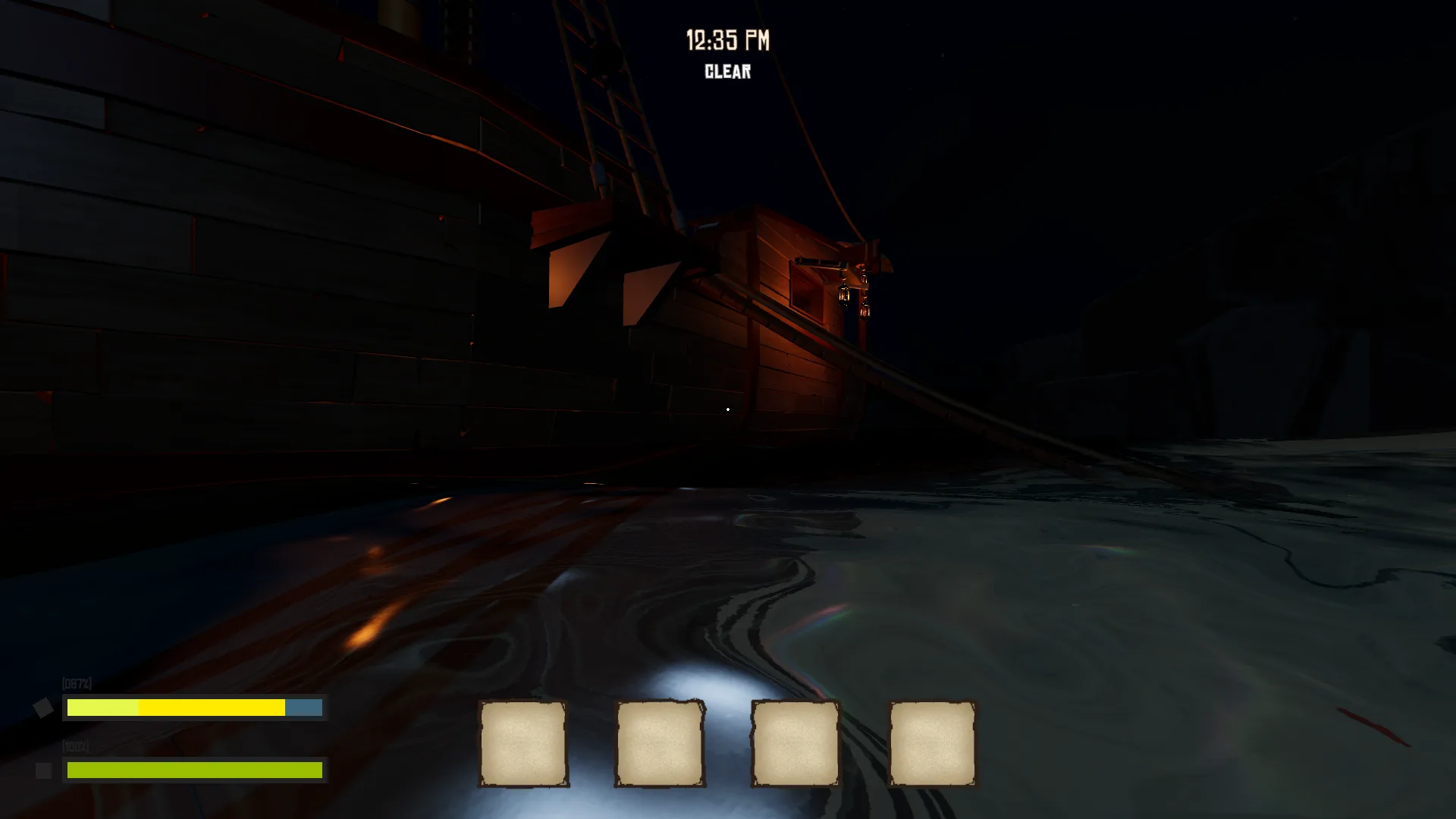Ship hull at night, water lapping at the dock