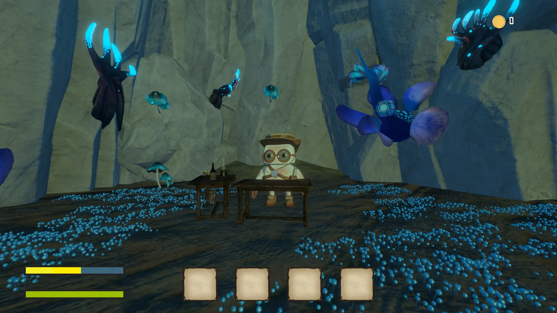 Bioluminescent cave chamber with glowing creatures