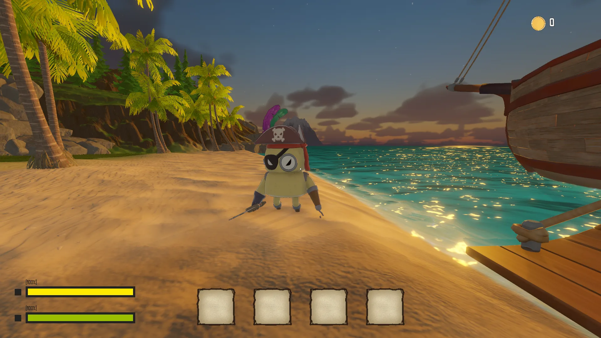 Sunset landing on the shore, ship docked alongside