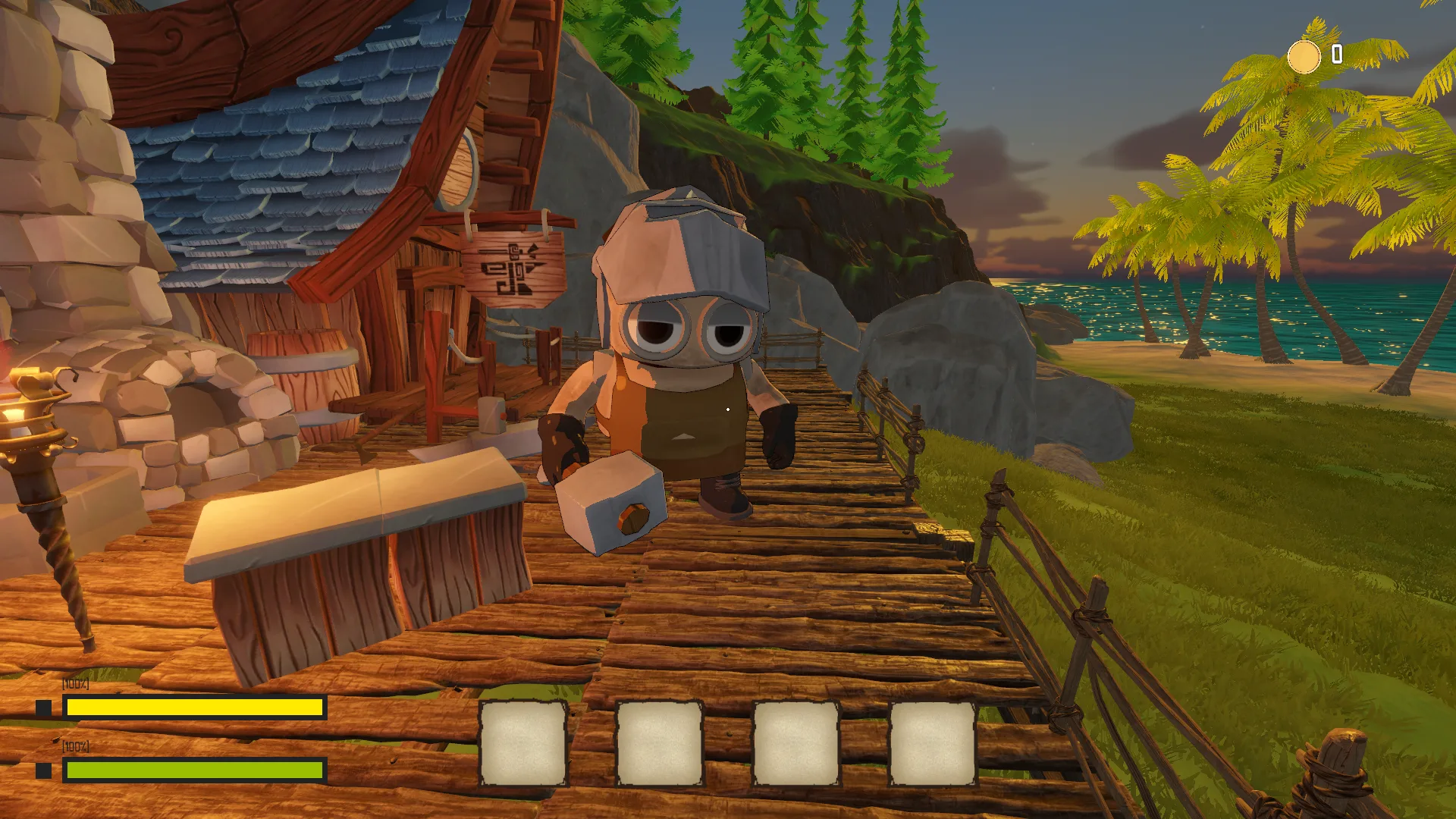 Wooden dock walkway leading into the outpost village
