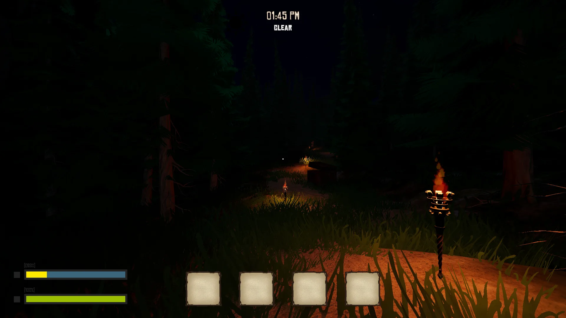 Dark forest path lit by torches